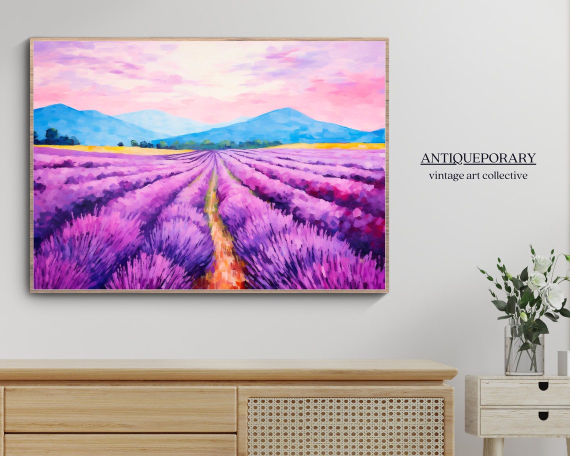 Lavender Field Rows Pink Sunset Landscape Mountain Painting Poster - Image 4