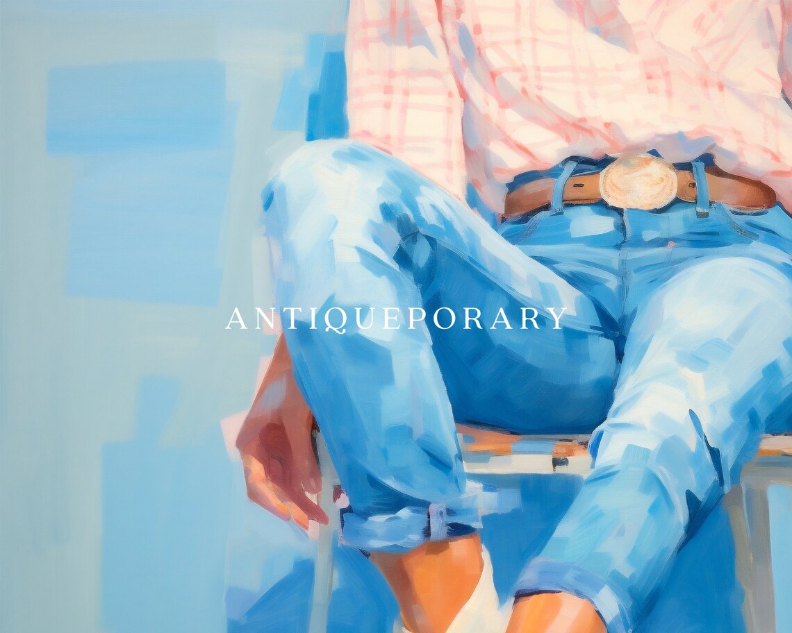 Woman in Blue Jeans and White Cowboy Boots Seated Modern Painting Poster - Image 3