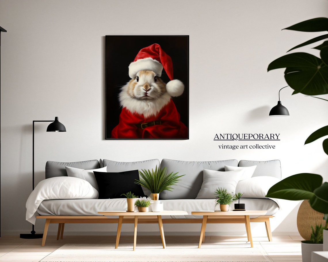 Bunny in Santa Suit and Hat Vintage Christmas Animal Portrait Poster - Image 5