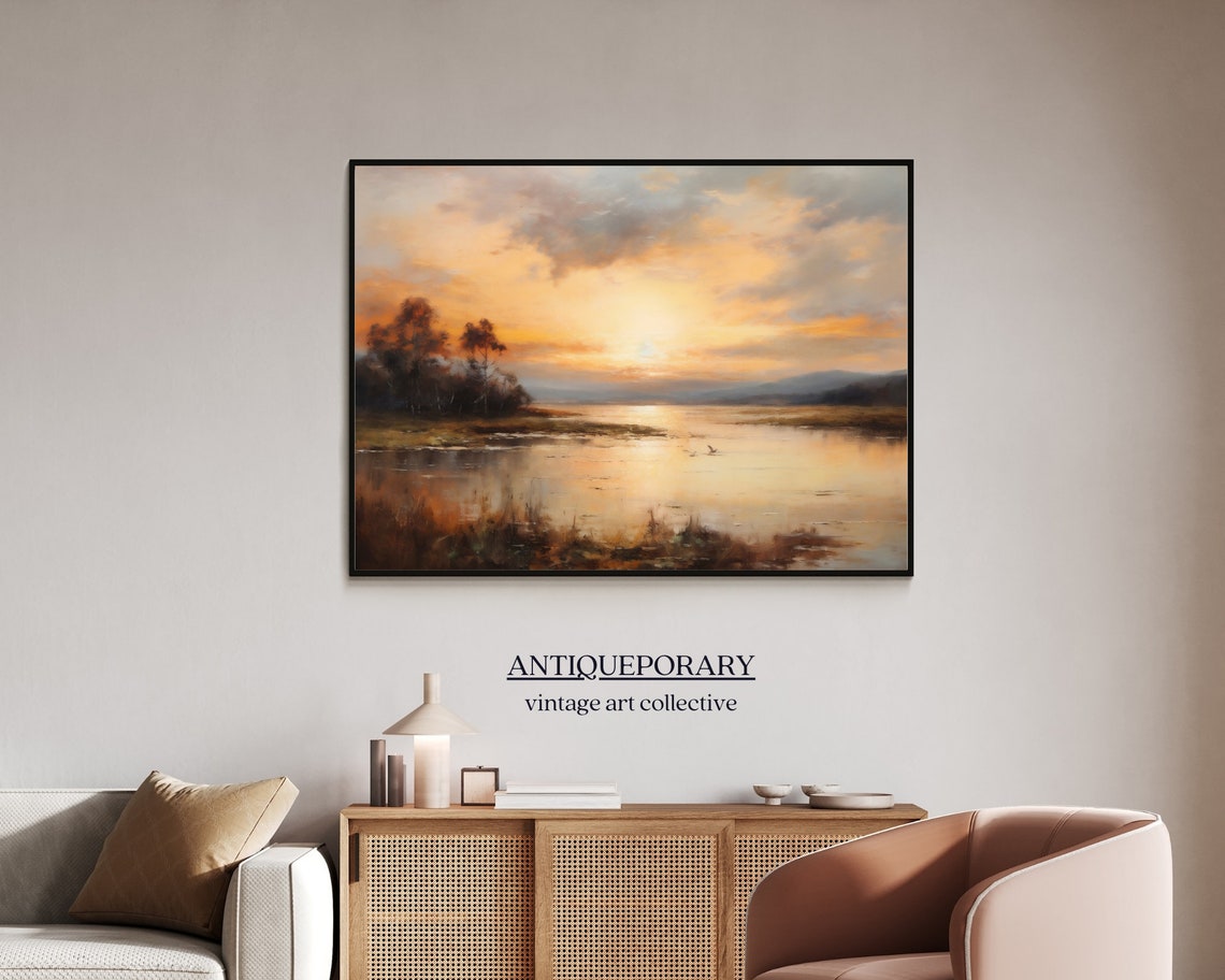 Golden Sunset Over Calm River with Reflective Water Art Poster - Image 7