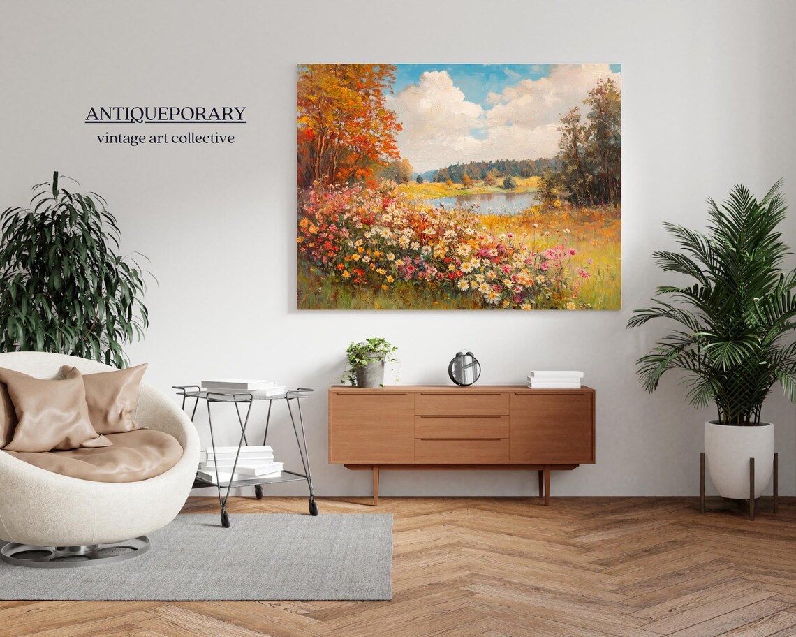 Autumn Wildflower Field Lakeside Fall Trees Impressionist Landscape Poster - Image 3