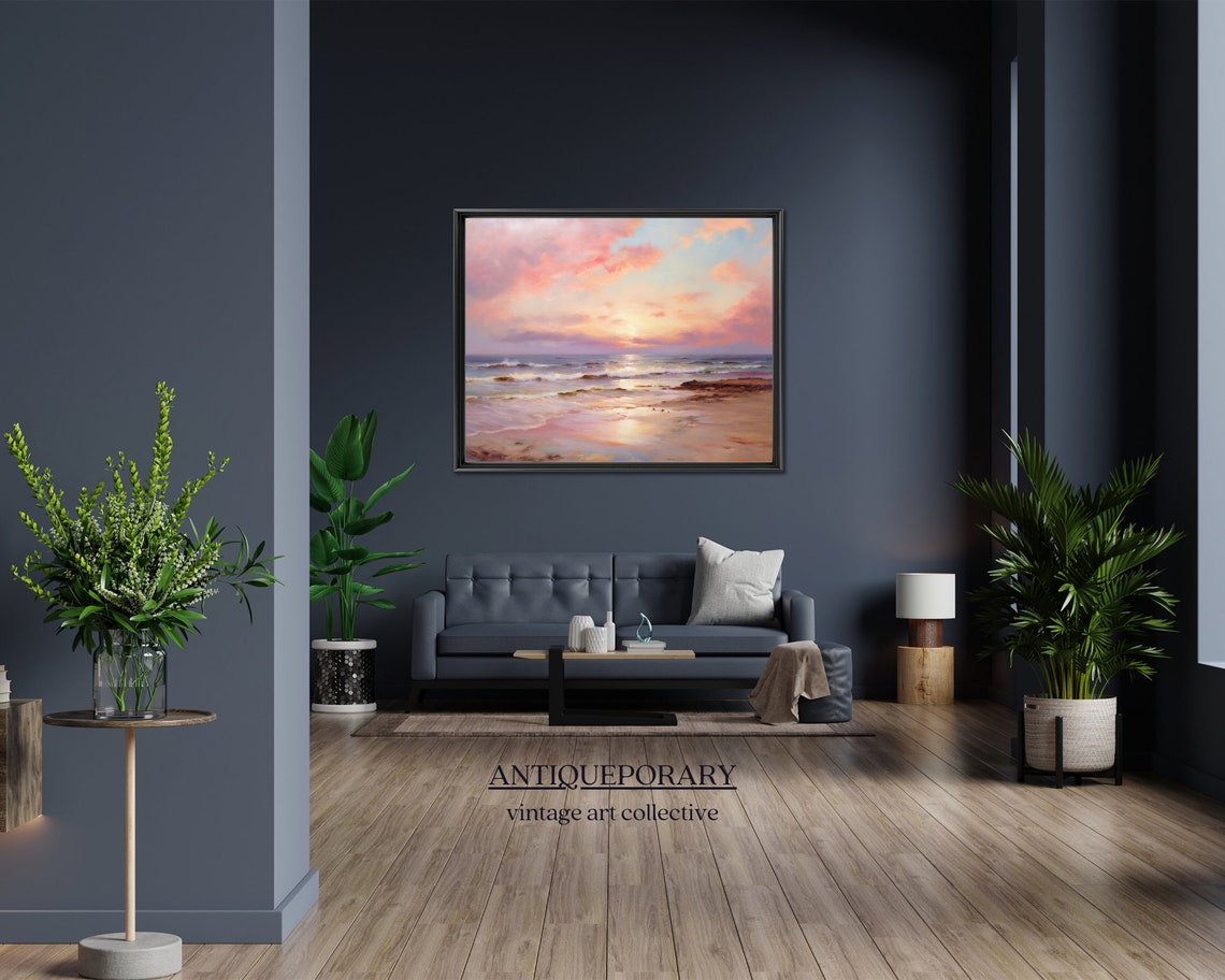 Pastel Sunset Over Ocean Waves Serene Coastal Seascape Painting Poster - Image 4