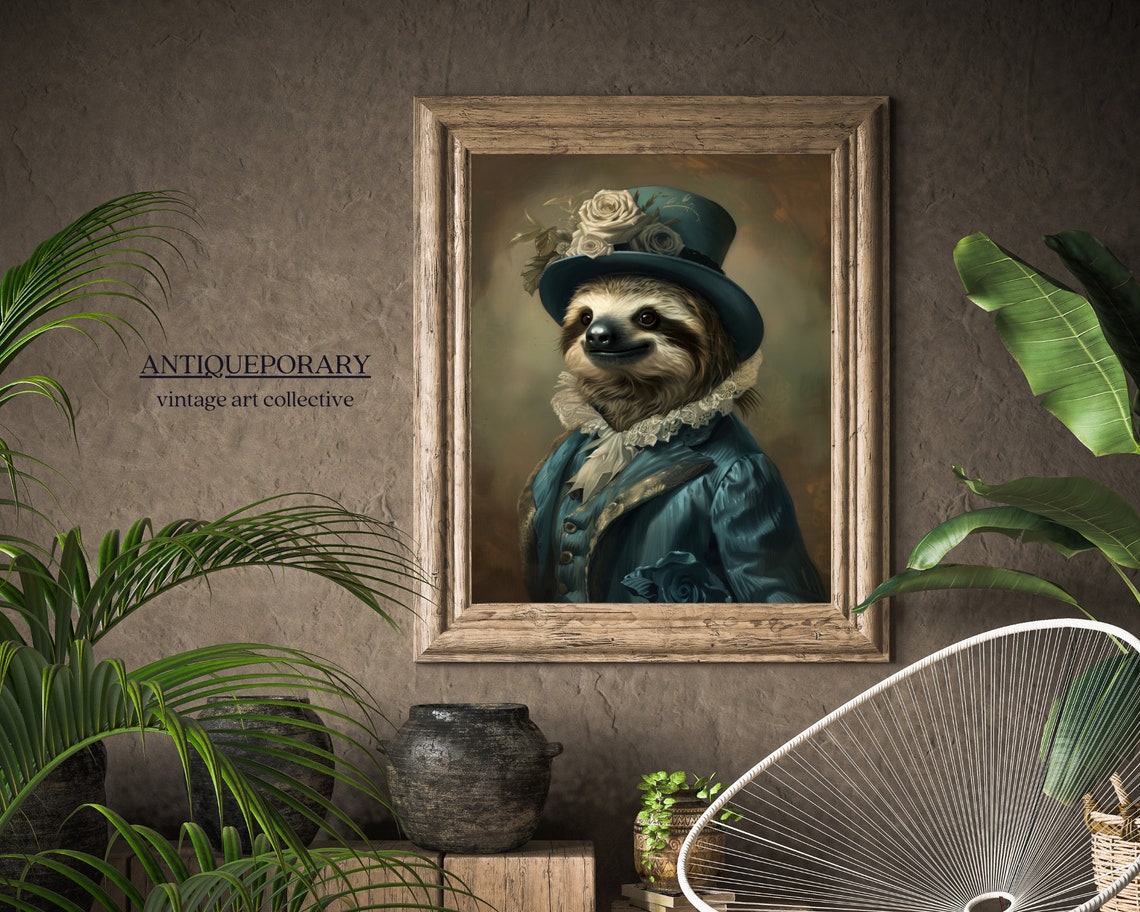 Royal Sloth Blue Top Hat White Roses Victorian Portrait Poster - Image 7