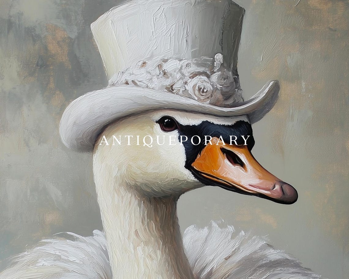 White Swan in Top Hat with Feathered Collar Vintage Portrait Poster - Image 3