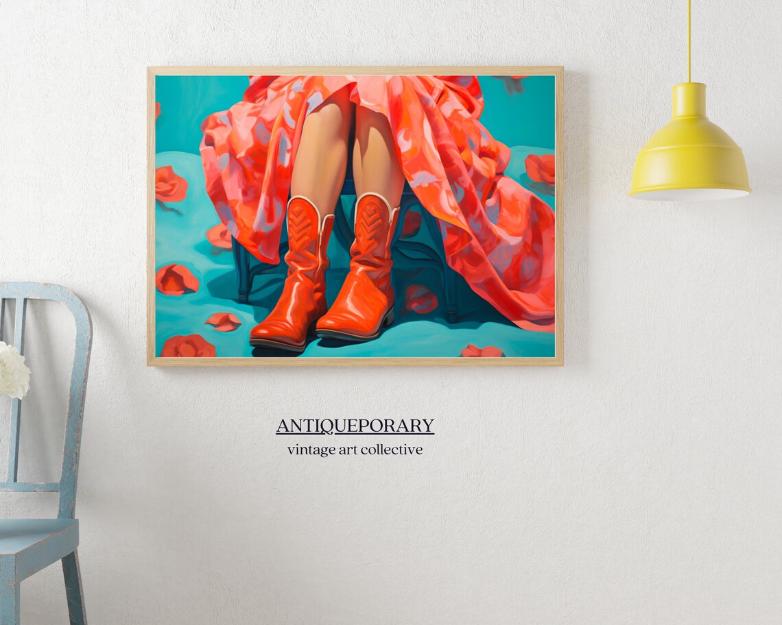 Red Cowboy Boots Painting Floral Dress Modern Fashion Art Poster - Image 6