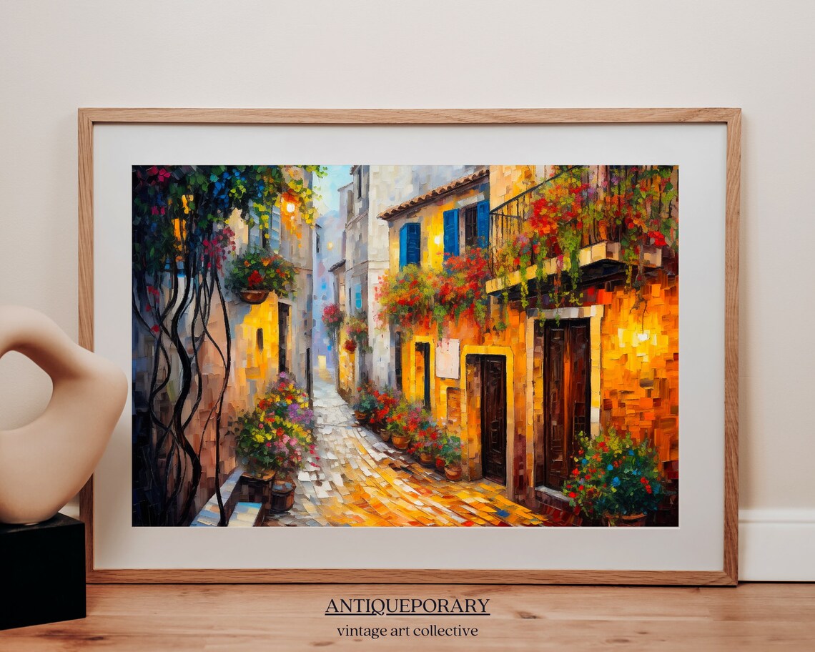 Flower Filled Italian Alley Cobblestone Street Warm Light Art Poster - Image 6
