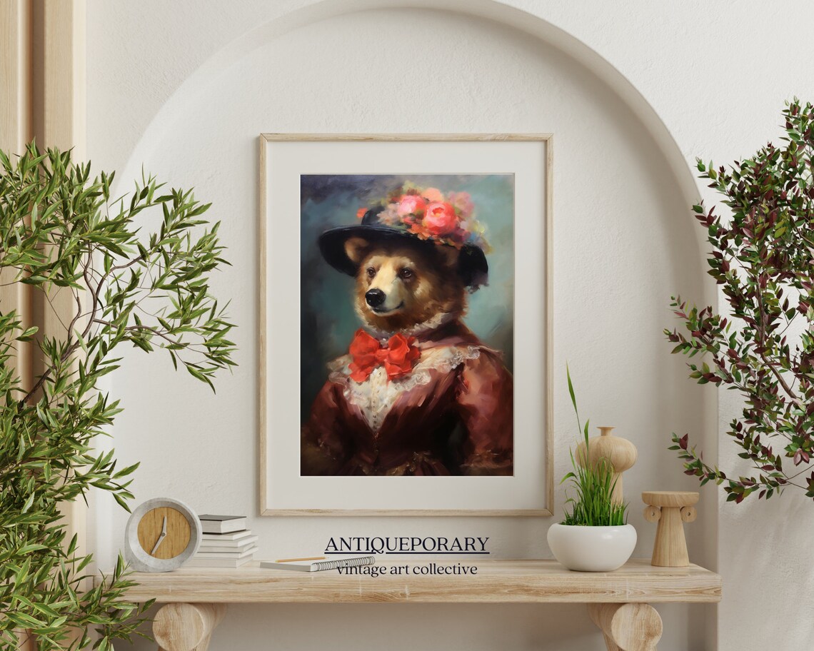 Bear Lady Vintage Portrait in Floral Hat and Red Dress Poster - Image 7