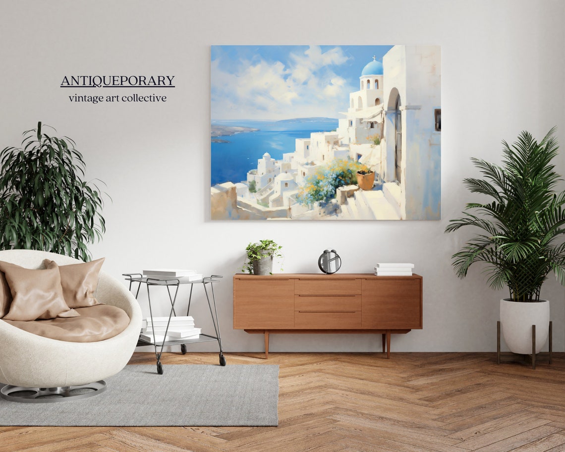 Santorini Art Painting Greek Old Town Cityscape Painting Mediterranean Landscape Neutral Vintage Oil Painting - Image 5