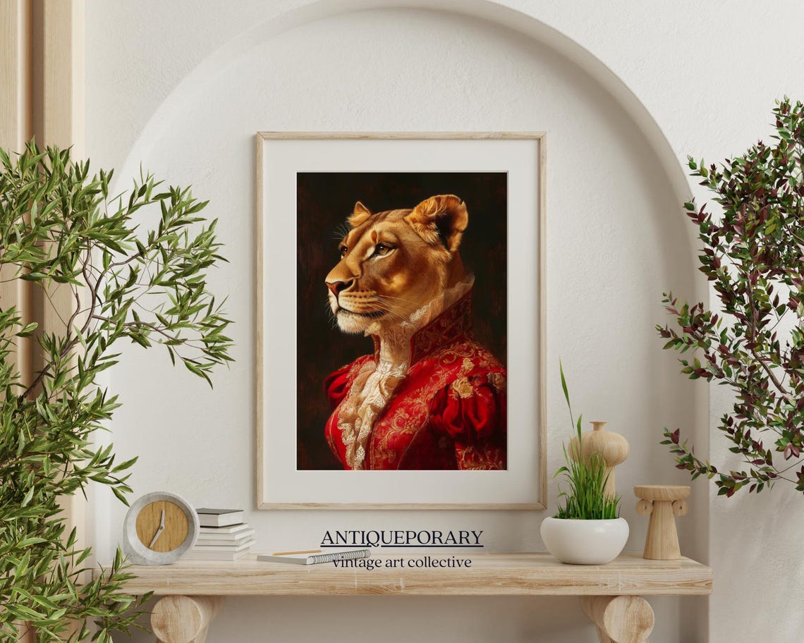 Royal Lioness Profile Red Victorian Gown Portrait Vintage Art Poster - Image 5