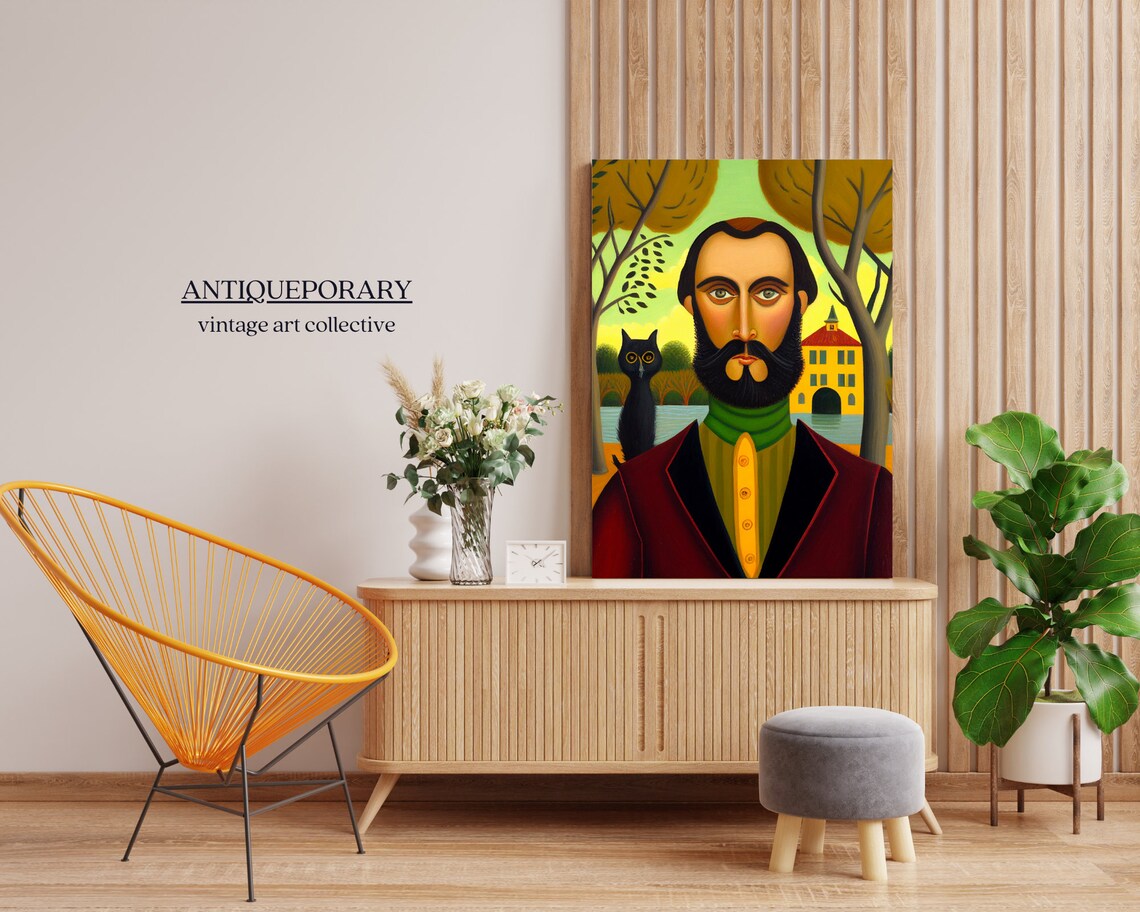 Bearded Man Black Cat Folk Art Portrait Naive Style Painting Poster - Image 6