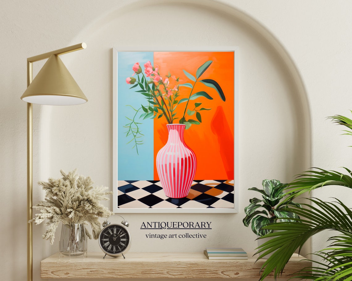 Pink Striped Vase with Flowers Checkerboard Floor Still Life Poster - Image 2