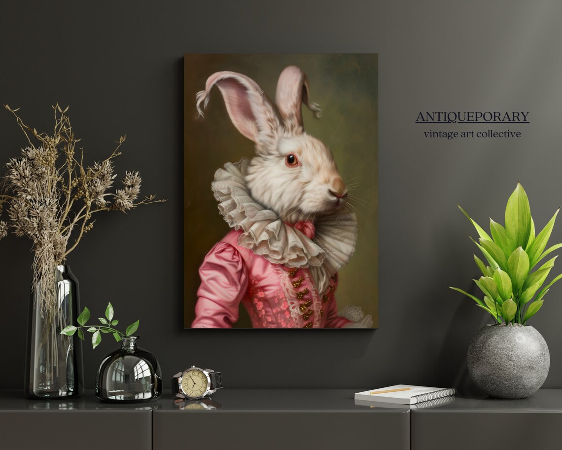 Regal White Rabbit Lady Pink Gown Oil Portrait Animal Art Poster - Image 3