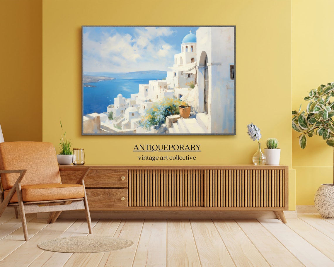 Santorini Art Painting Greek Old Town Cityscape Painting Mediterranean Landscape Neutral Vintage Oil Painting - Image 2