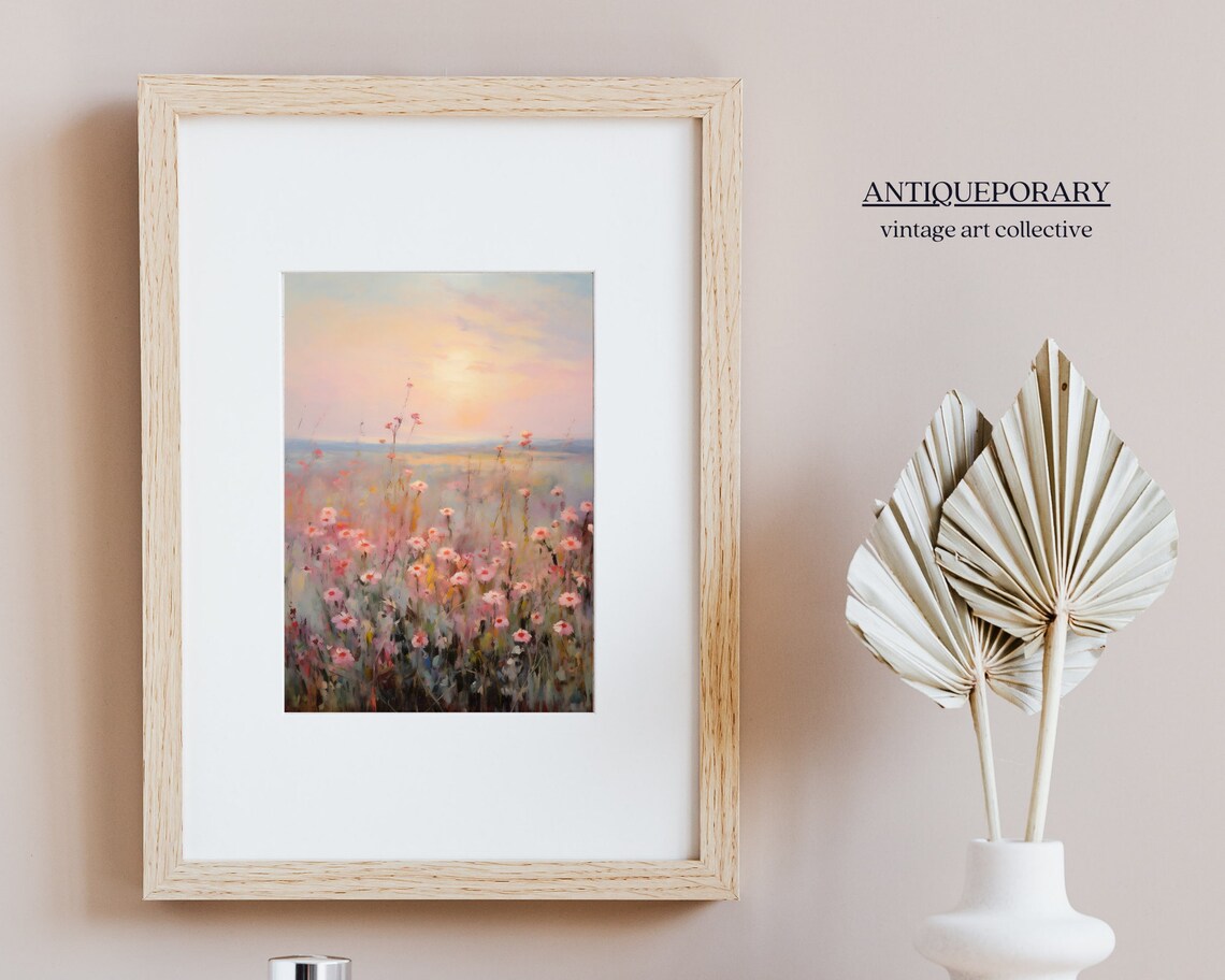 Pink Wildflowers at Sunset Dreamy Pastel Field Vintage Painting Poster - Image 5