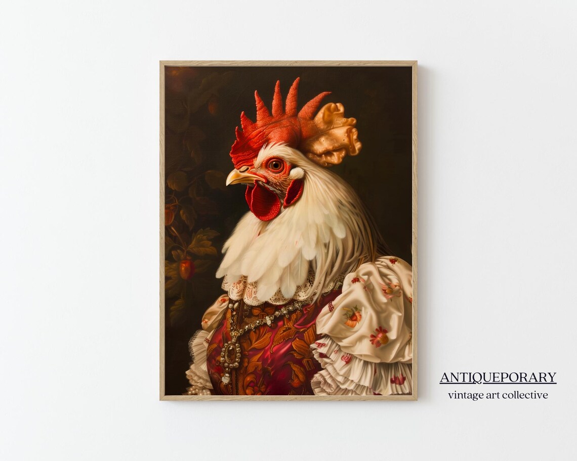 Rooster in Victorian Gown with Jewels Vintage Portrait Poster