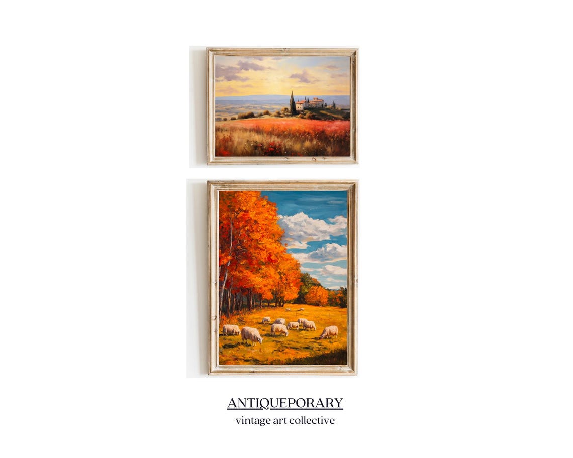 Autumn Sheep Pasture Golden Fall Trees Rustic Oil Painting Poster - Image 4