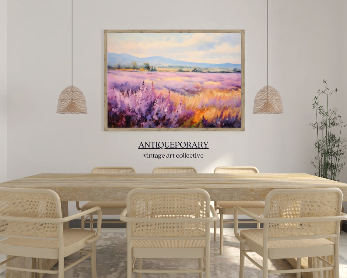 Blooming Lavender Field Sunset Impressionist Landscape Painting Poster