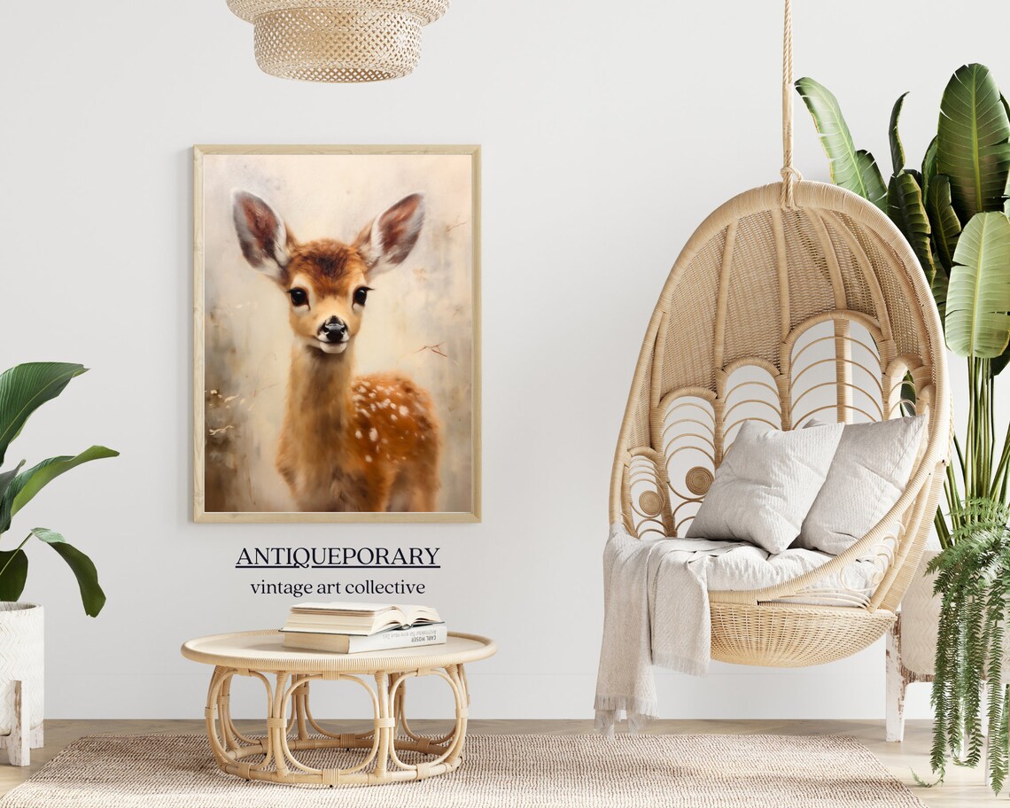 Baby Deer Fawn Portrait Soft Neutral Vintage Wildlife Painting Poster - Image 5