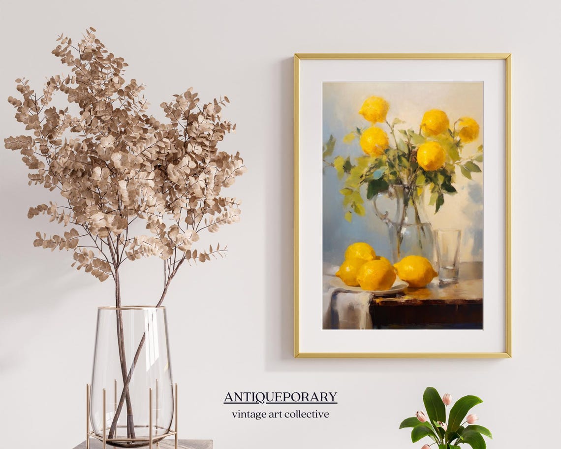 Sunny Lemon Branch Still Life in Glass Pitcher Vintage Poster - Image 3