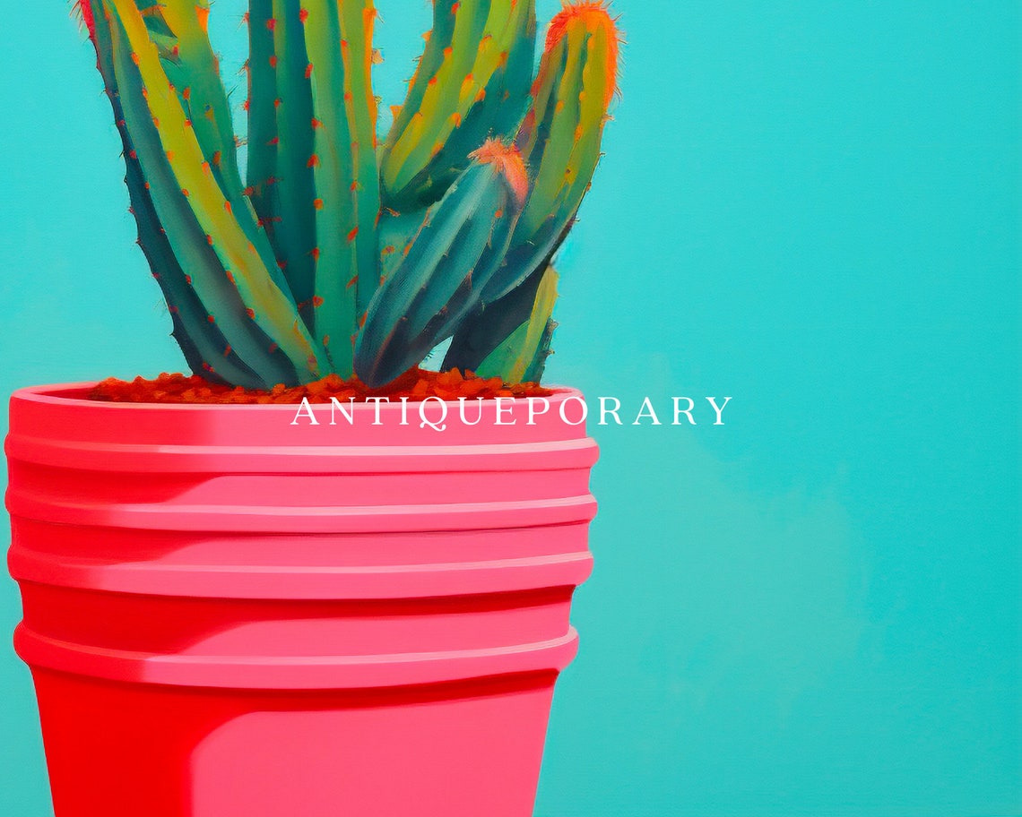 Pink Pot Cactus Turquoise Background Modern Pop Art Style Poster - Image 2