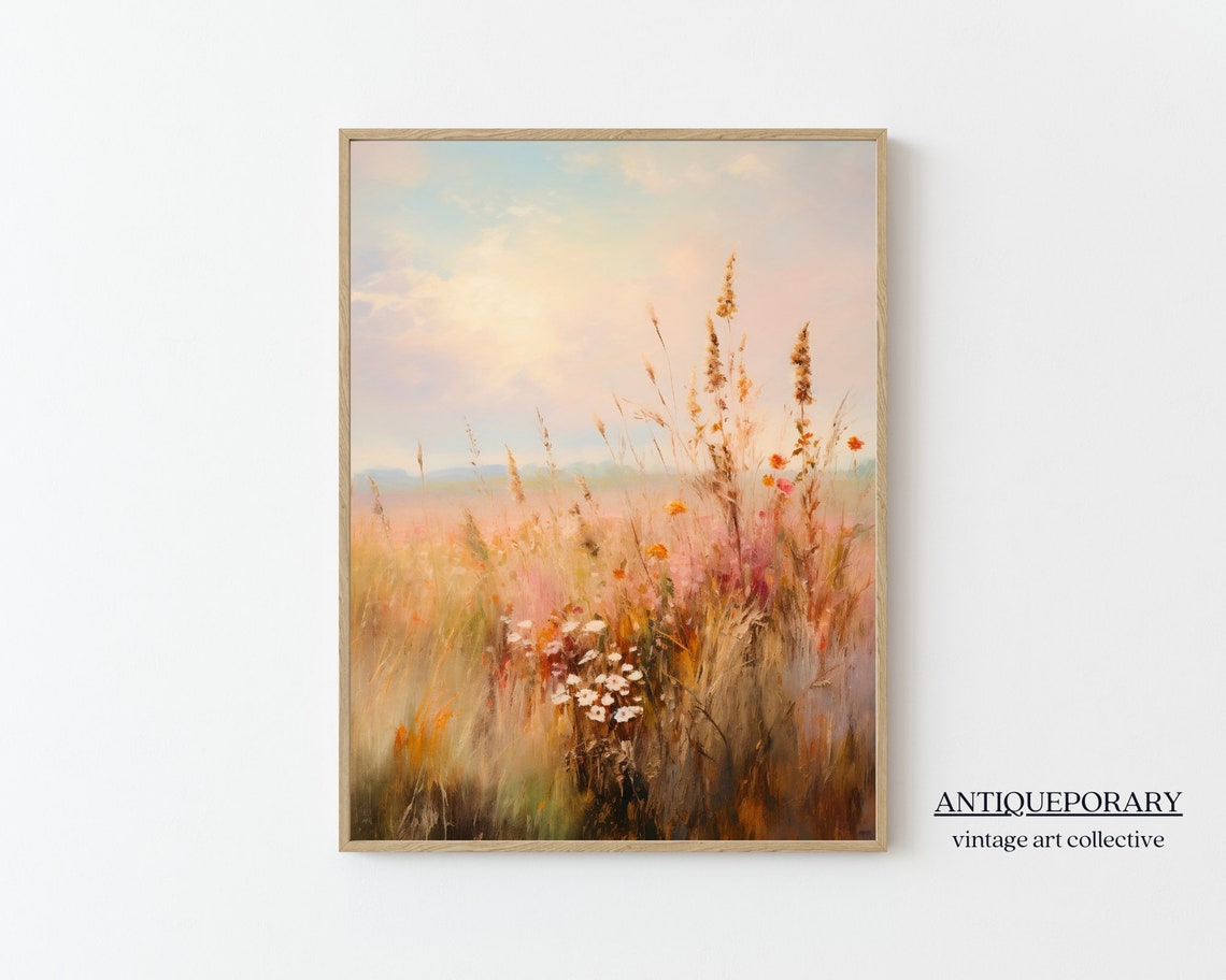 Muted Fall Wildflower Meadow in Soft Neutral Landscape Painting Poster
