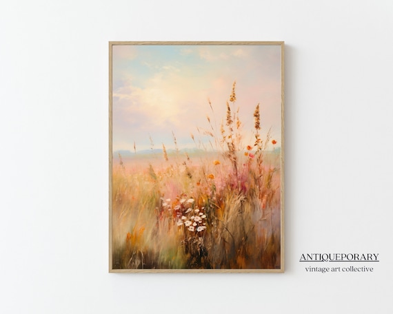 Muted Fall Wildflower Meadow in Soft Neutral Landscape Painting Poster