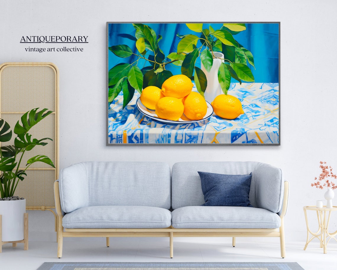 Lemon Branch Vase Plate Blue Cloth Bright Citrus Still Life Poster - Image 6