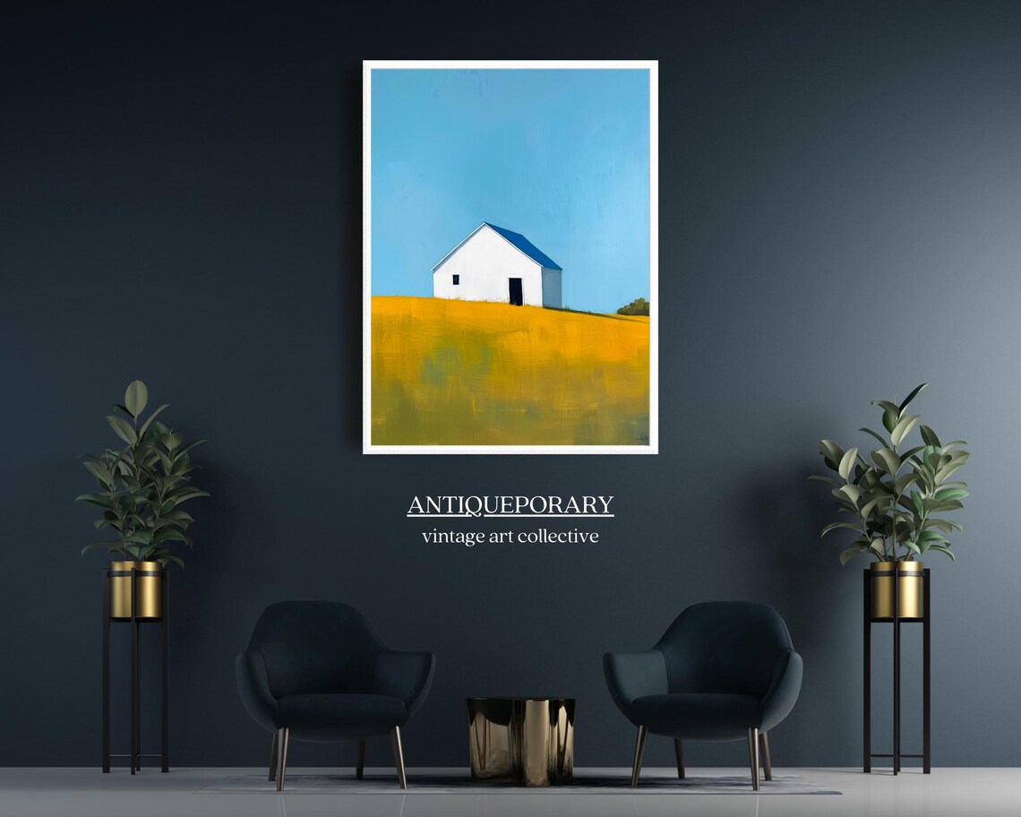 White Barn Golden Yellow Field Bright Blue Sky Modern Landscape Poster - Image 2