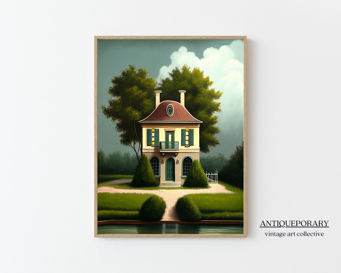 French Country House Mansard Roof Riverside Garden Vintage Poster