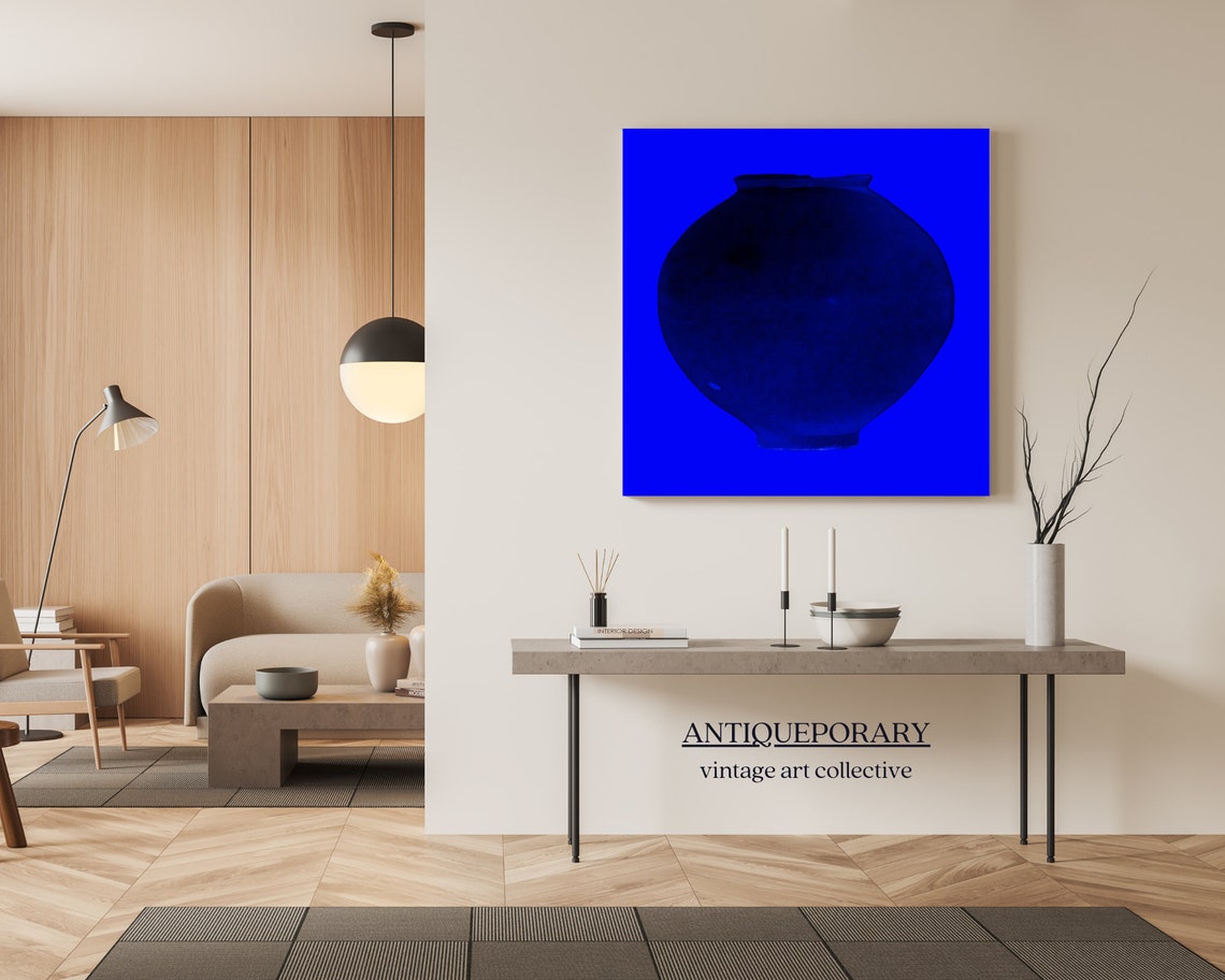 Cobalt Blue Ceramic Moon Jar Vase on Bold Blue Minimalist Art Poster - Image 7