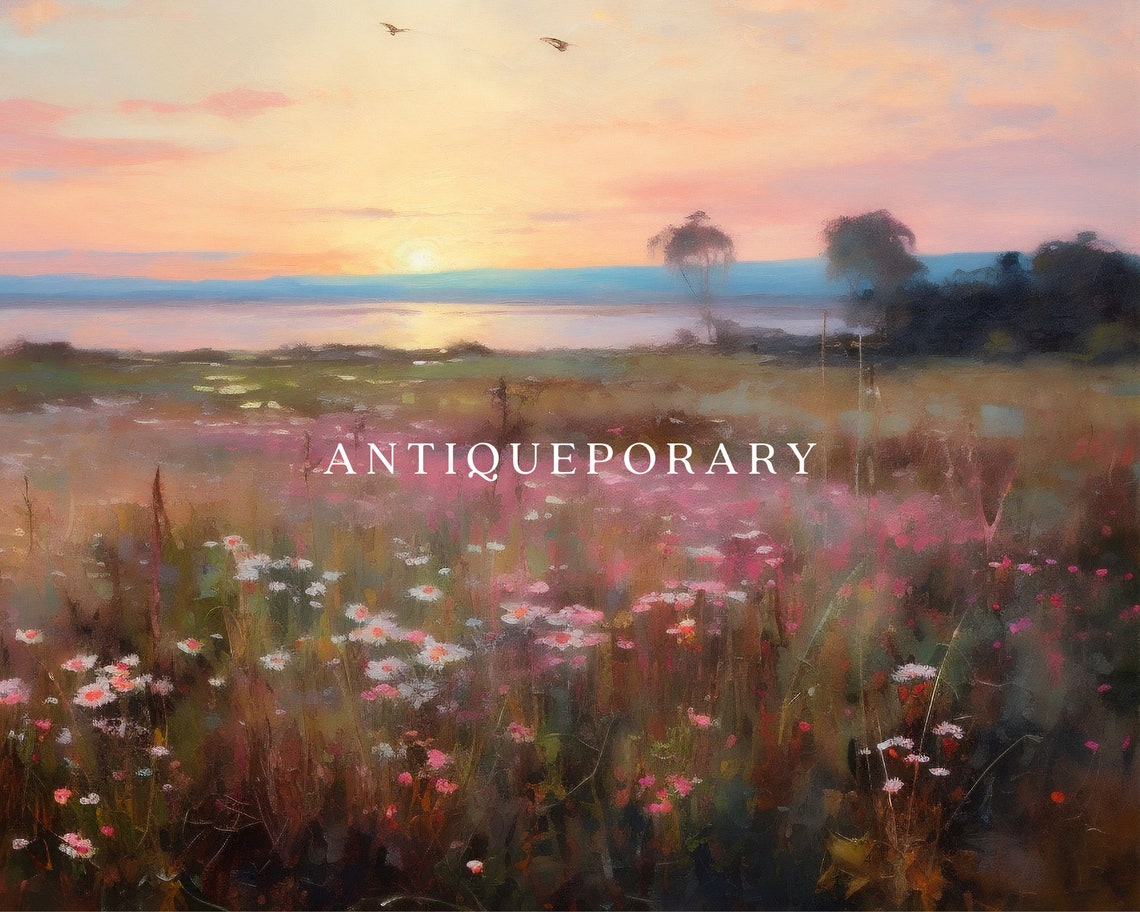 Sunset Wildflower Field Lake Reflection Impressionist Style Poster - Image 2