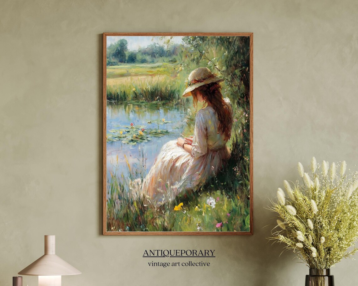 Woman Reading Book by Lily Pond Vintage Impressionist Poster - Image 7