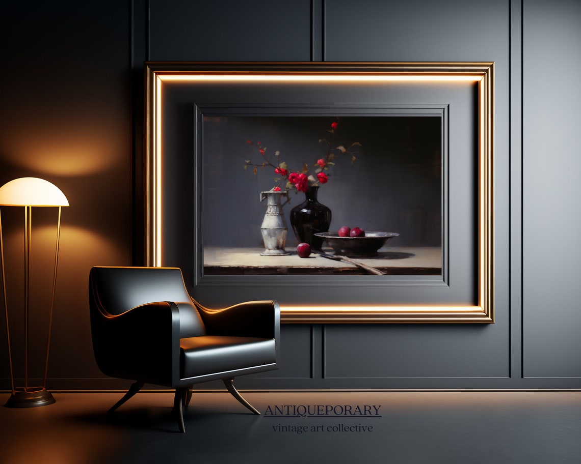 Dark Moody Flower Still Life Painting Timeless Vintage Baroque Moody Flowers In Vase Still Life Oil Painting Kitchen Still Life Art Print - Image 3