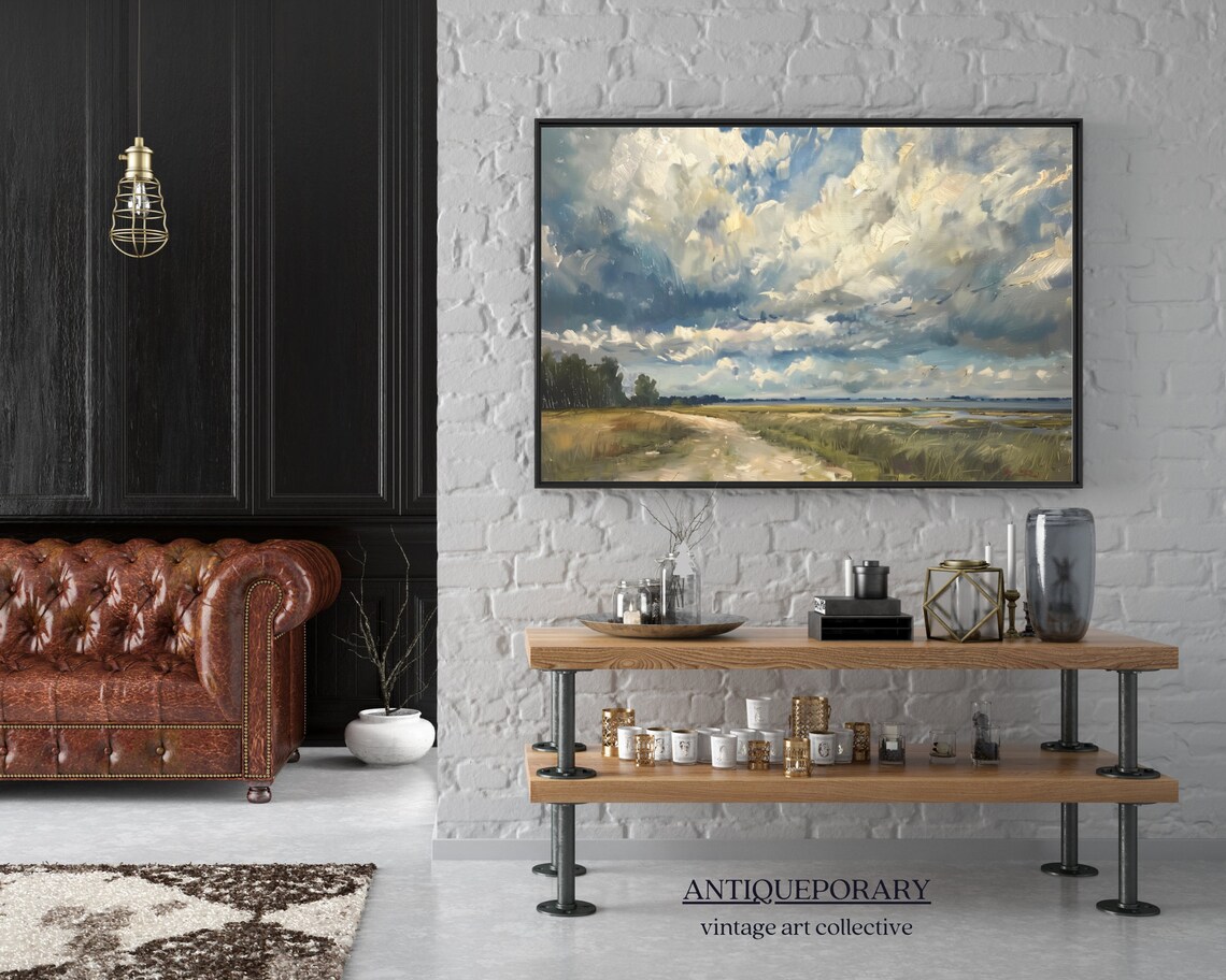 Dramatic Cloud Country Road Neutral Landscape Oil Painting Poster - Image 5