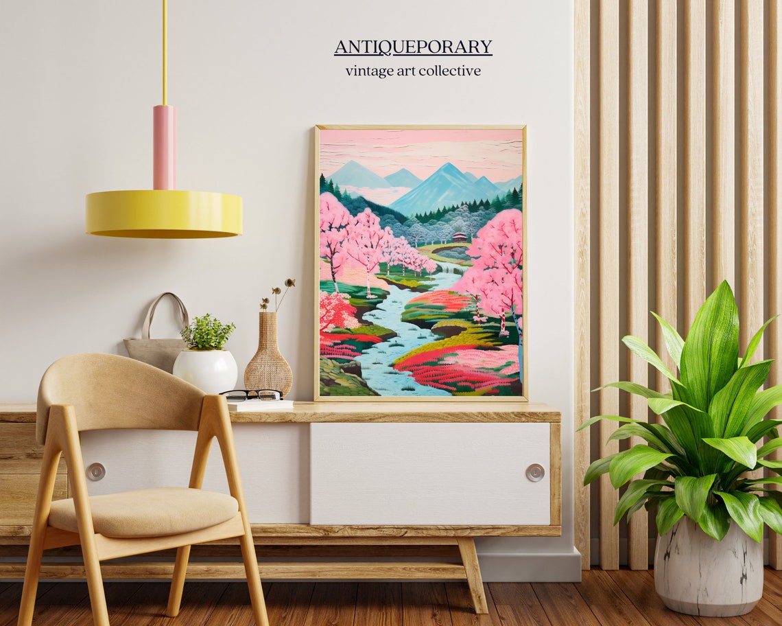 Pastel Cherry Blossom Valley River with Blue Mountains Poster - Image 5