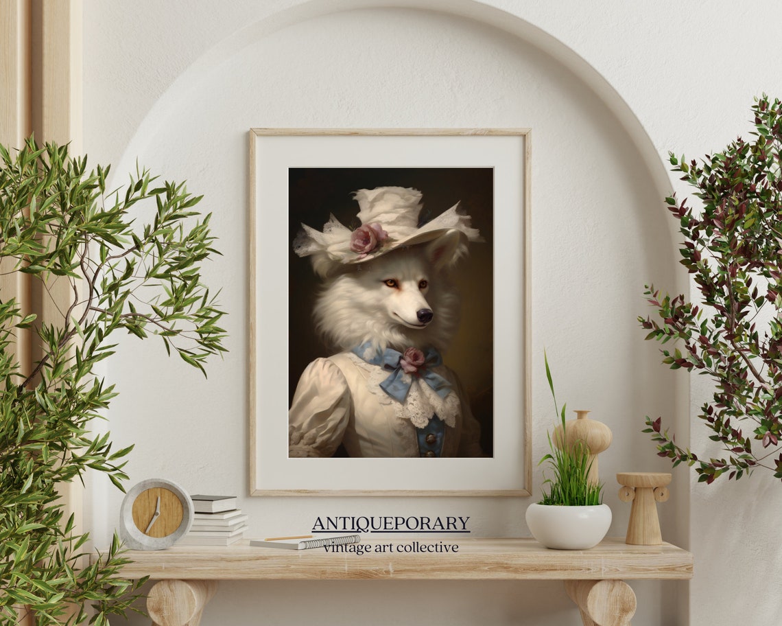 White Wolf Lady Royal Portrait Floral Hat Victorian Style Poster - Image 7