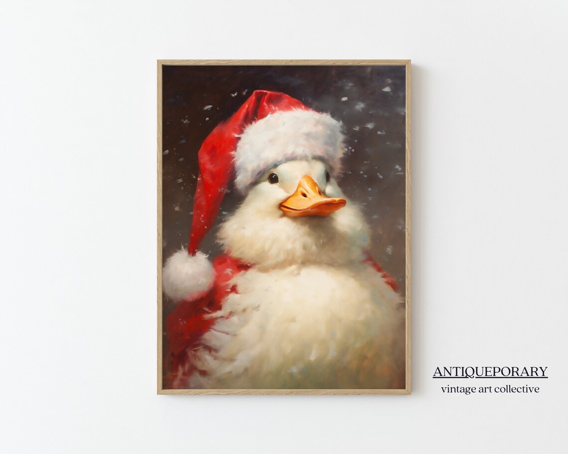 Festive Duck in Santa Hat Snowy Christmas Holiday Portrait Poster - Image 7
