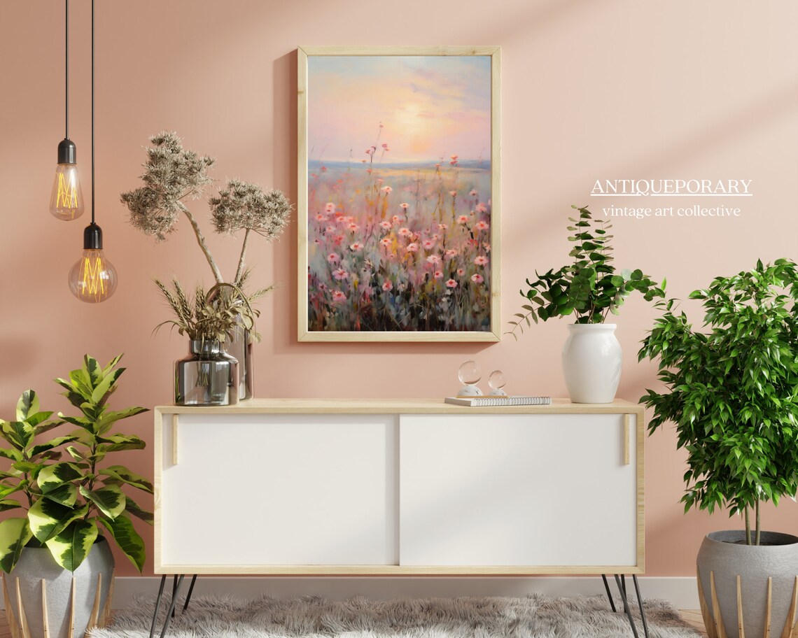 Pink Wildflowers at Sunset Dreamy Pastel Field Vintage Painting Poster - Image 7