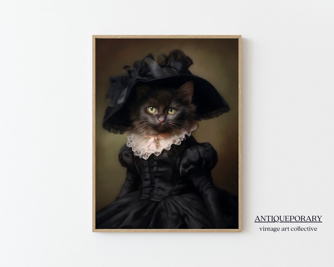 Elegant Black Cat Lady Victorian Dress Wide Hat Oil Portrait Poster