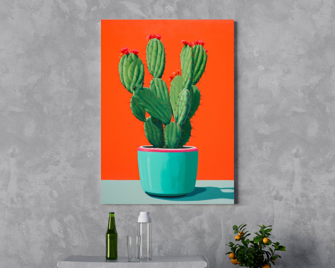 Prickly Pear Cactus Turquoise Pot Orange Abstract Still Life Poster - Image 5