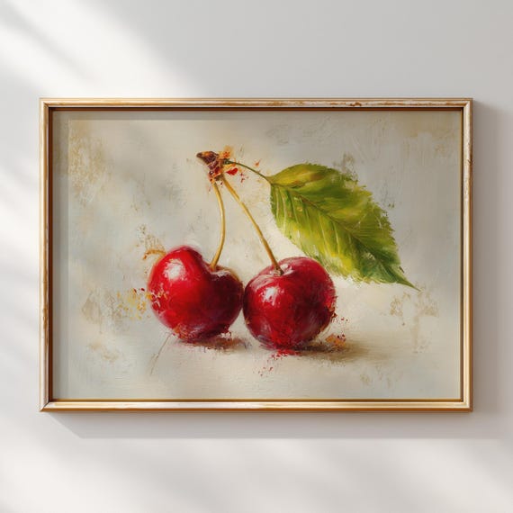 Cherry Still Life Painting Vintage Kitchen Artwork Rustic Fruit Wall Poster Farmhouse Food Illustration Classic Oil Style