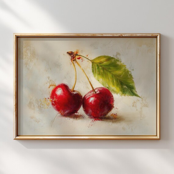 Fresh Red Cherries Oil Painting Green Leaf Light Background Poster