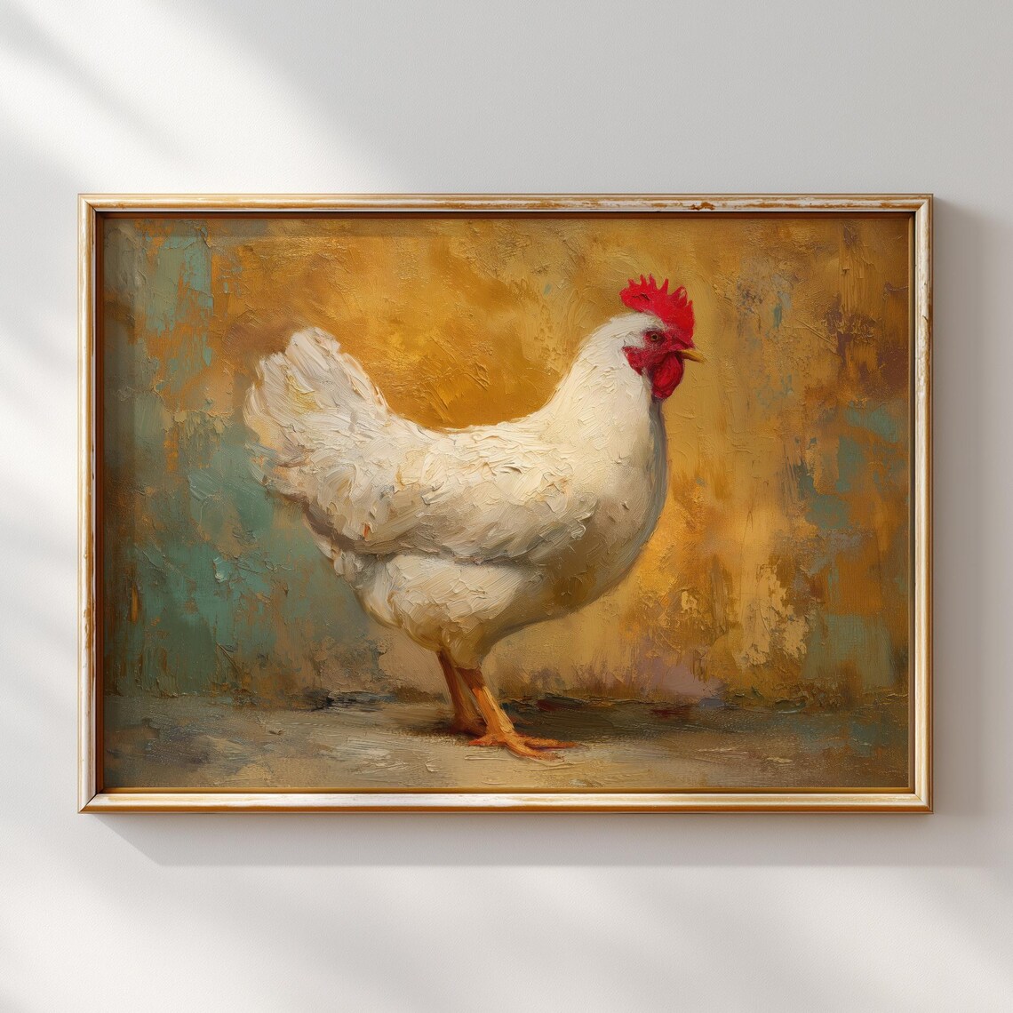 White Hen Oil Painting Rustic Farmhouse Chicken Portrait Wall Art
