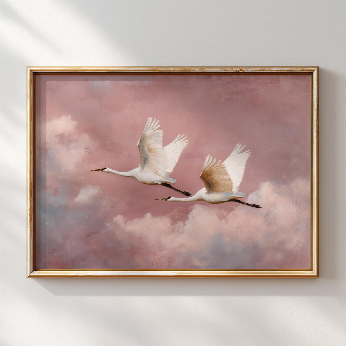 White Cranes Flying Pink Sunset Sky Elegant Bird Oil Painting Poster