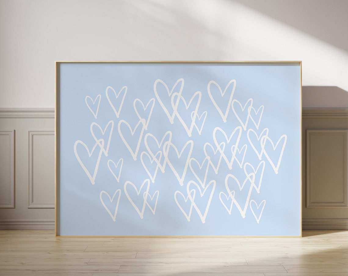 Blue Background White Hand Drawn Hearts Preppy Trendy Cute Kids Poster