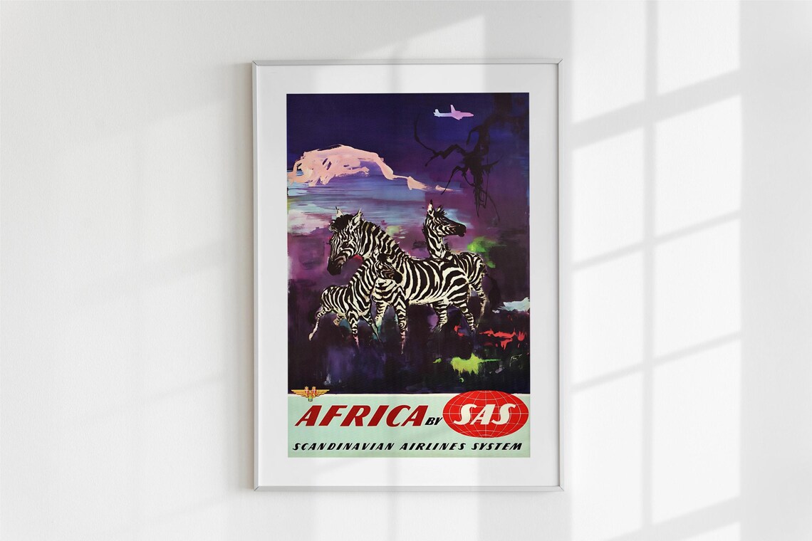Africa by SAS Vintage Airline Poster Zebras Safari Retro Travel Art