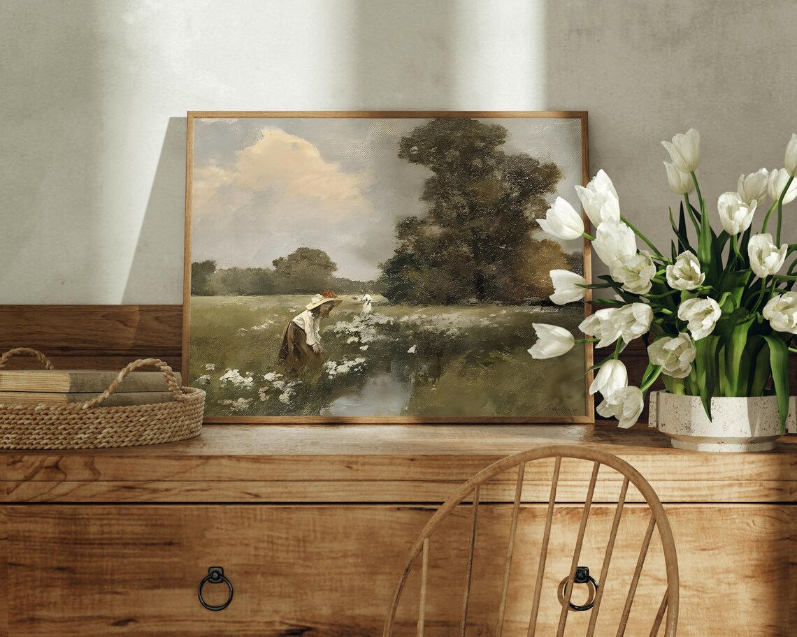 Woman Gathering Wildflowers Meadow Stream Vintage Oil Painting Poster - Image 5