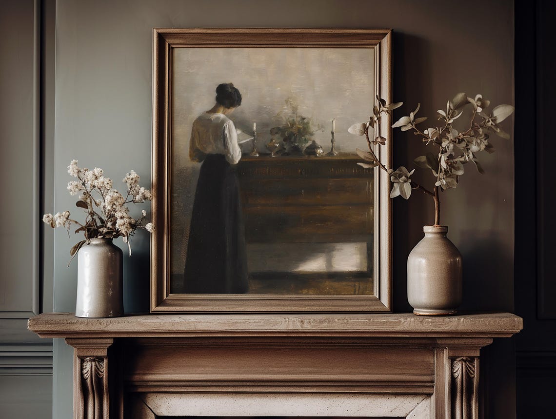 Vintage Woman Reading Quiet Interior Antique Oil Painting Poster - Image 5