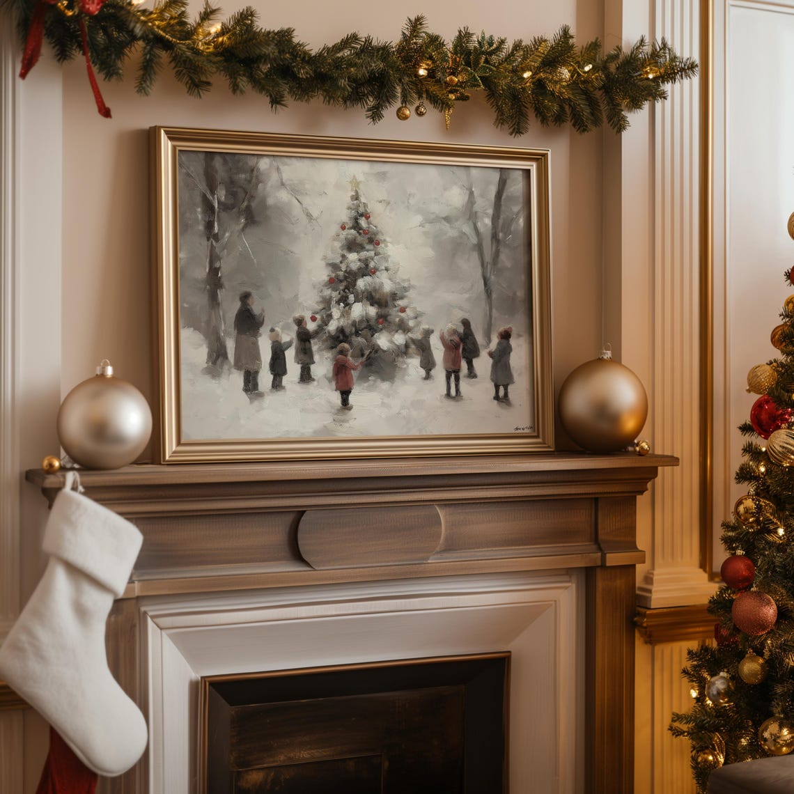 Children Decorating Snowy Christmas Tree Vintage Holiday Art Poster - Image 5