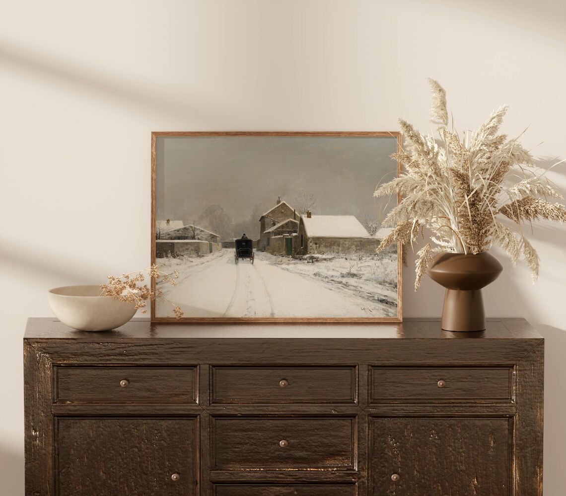 Snowy Village Street Horse Carriage Winter Vintage Oil Painting Poster - Image 2